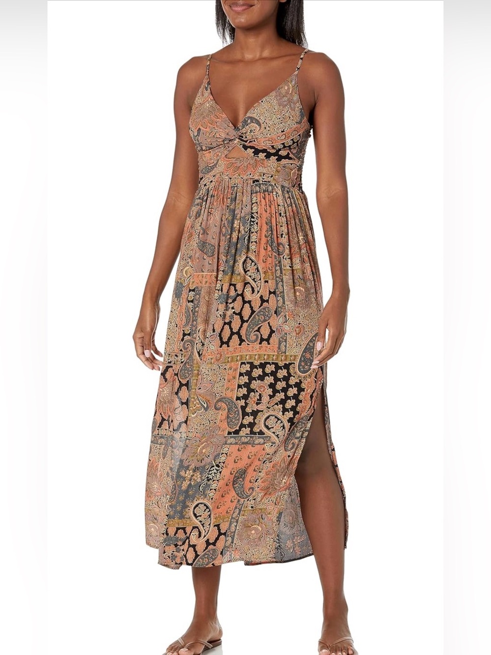 NWOT Angie Paisley Patchwork V-Neck Maxi Dress in Rust & Black, Medium